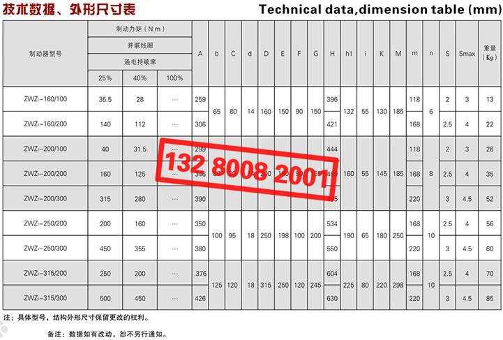 ZWZ3系列直流電磁鼓式制動(dòng)器技術(shù)數(shù)據(jù)、外形尺寸表