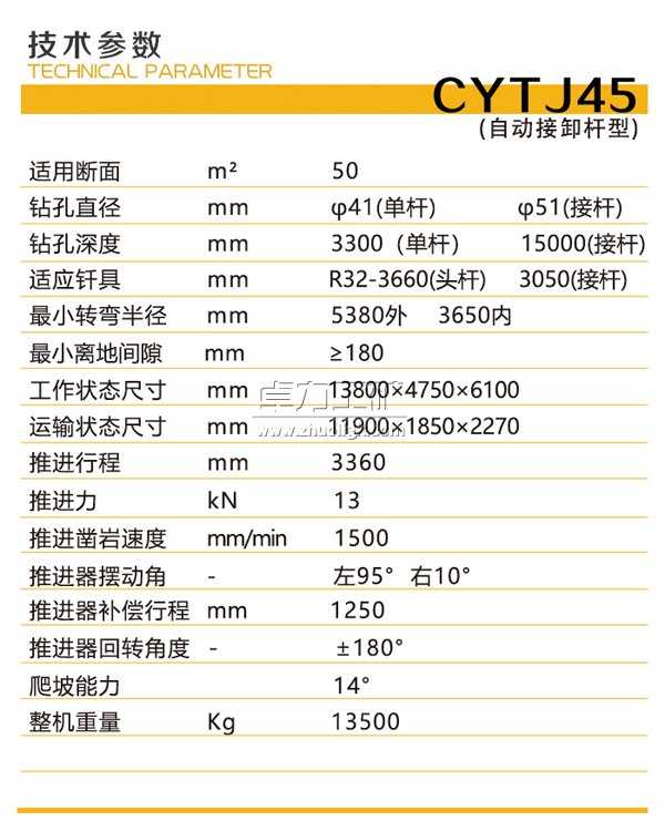 CYTJ45(錨桿型)全液壓掘進鉆車技術參數